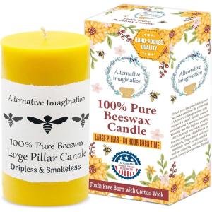 image100 Pure Beeswax Candle  Medium Pillar Candle  60 Hour Burn Time  3x4 Inch  Alternative ImaginationLarge