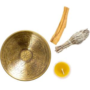 imagePalo Santo and White Sage Smudge Kit with Incense Holder Beeswax Candle  Energy Cleansing Spiritual Gifts Witchy Gifts  Flower of Life Brass Incense Burner  Alternative Imagination