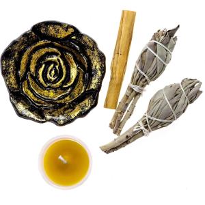 imageSpiritual Cleansing Starter Kit with White Sage Palo Santo Hand Poured Beeswax Votive Candle and Rose Incense Holder