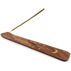 imageIncense Holder with Peace Sign  Wooden Tray Incense Burner Holder with Brass Inlay  for Incense Sticks Meditation Accessories Room Decor  10 InchesCelestial Moon and Stars