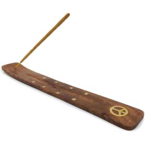 imageIncense Holder with Peace Sign  Wooden Tray Incense Burner Holder with Brass Inlay  for Incense Sticks Meditation Accessories Room Decor  10 InchesPeace Sign