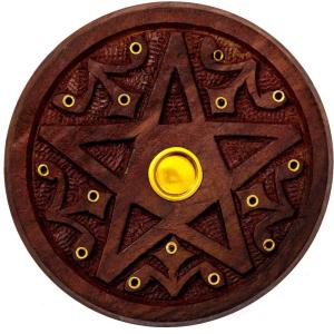 imagePentagram Incense Holder  Handcrafted Incense Burner fits 15 Incense Sticks and 1 Incense Cone  Carved Wood Brass Holders  5 Inches Wide